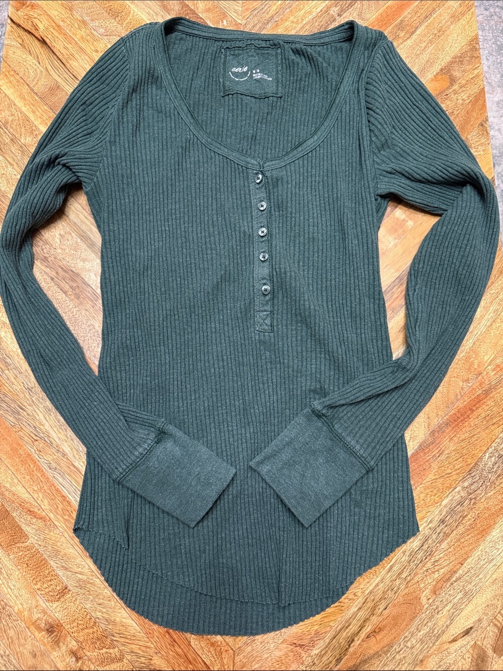 aerie Ribbed Henley Long Sleeve Top - Forest Green Women’s Size M